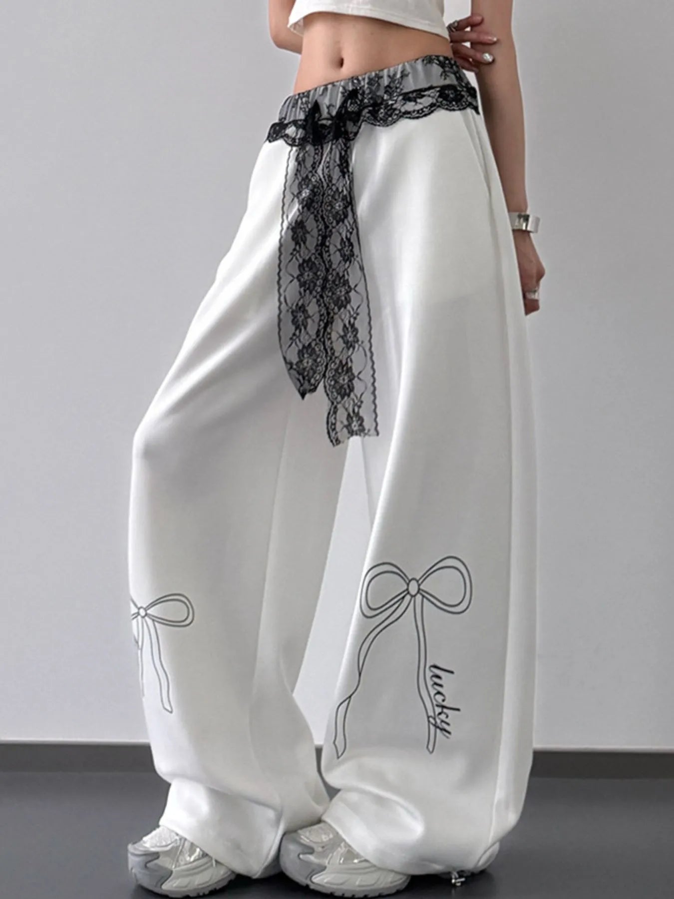 Wide Leg Pants with Lace Belt Detail