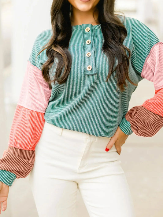 Color Block Ribbed Knit Henley Sweatshirt