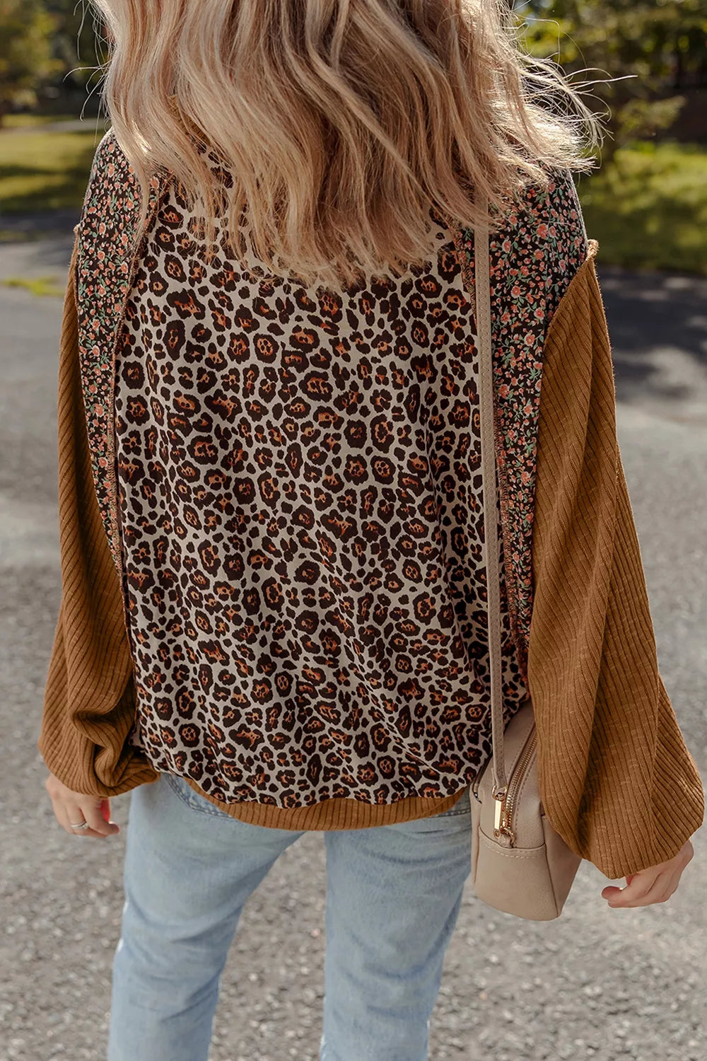 Leopard Floral Print Ribbed Puff Sleeve Patchwork Loose Sweatshirt