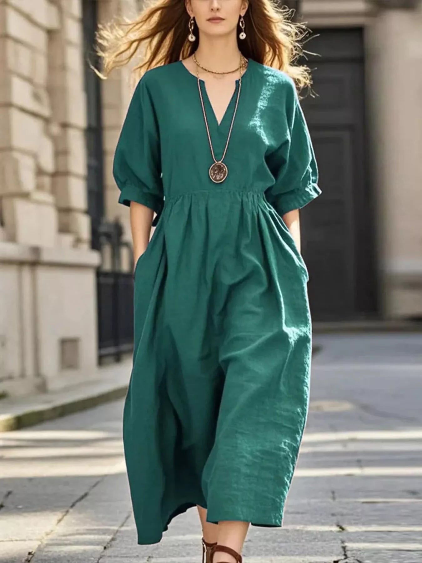 Notched Half Sleeve Midi Dress