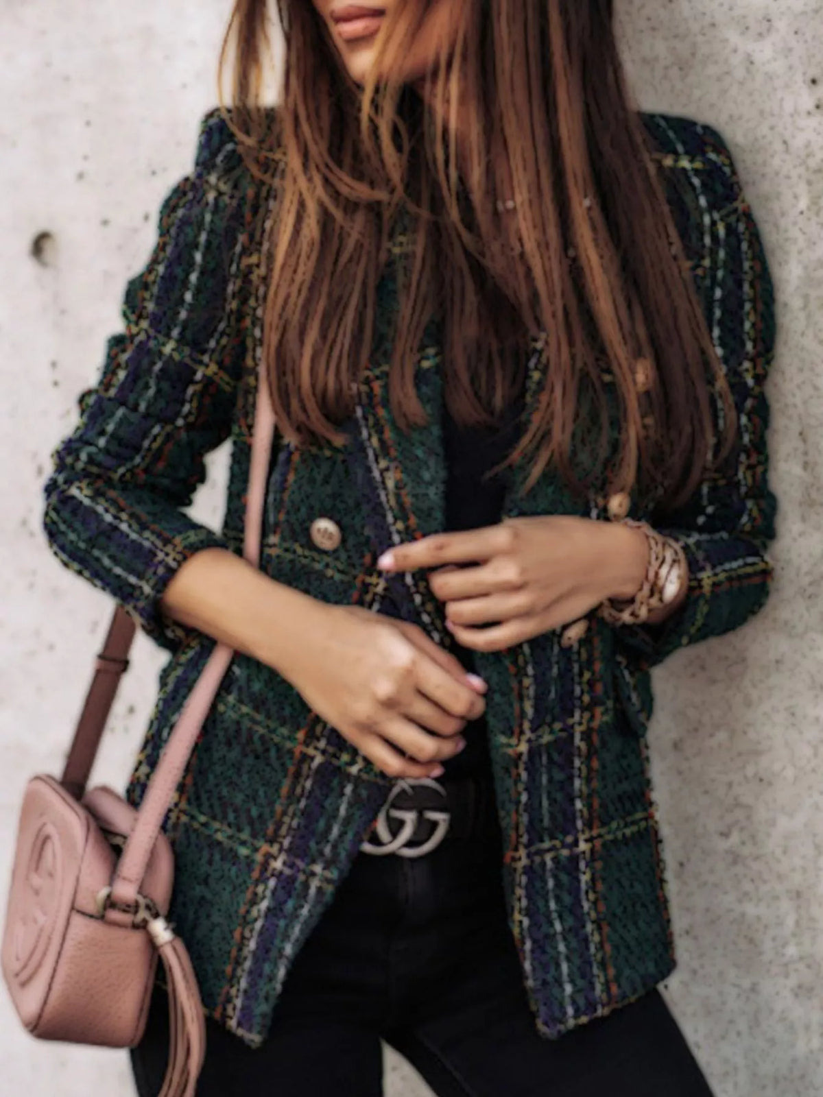 Full Size Plaid Tweed Double-Breasted Blazer Plus Size