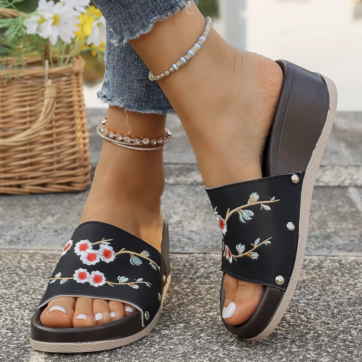 Floral Embroidered Wedge Sandals