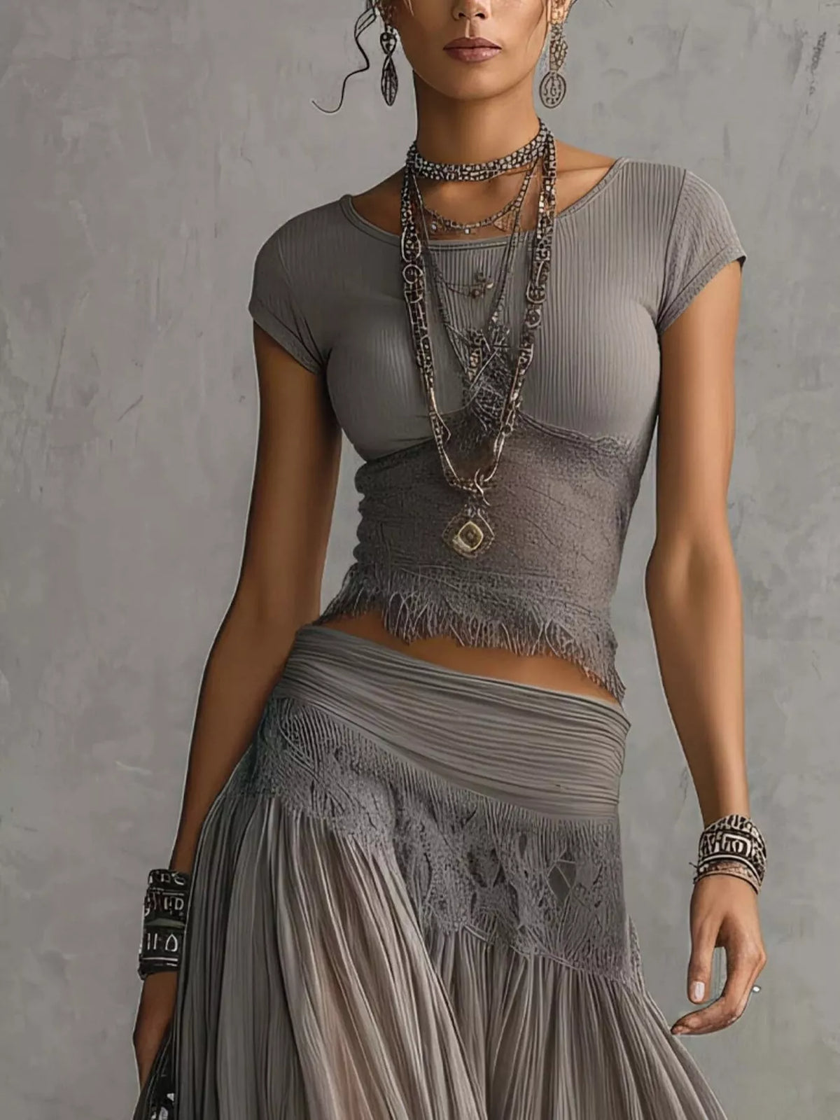 Lace Slim Fit Top and Maxi Skirt Set