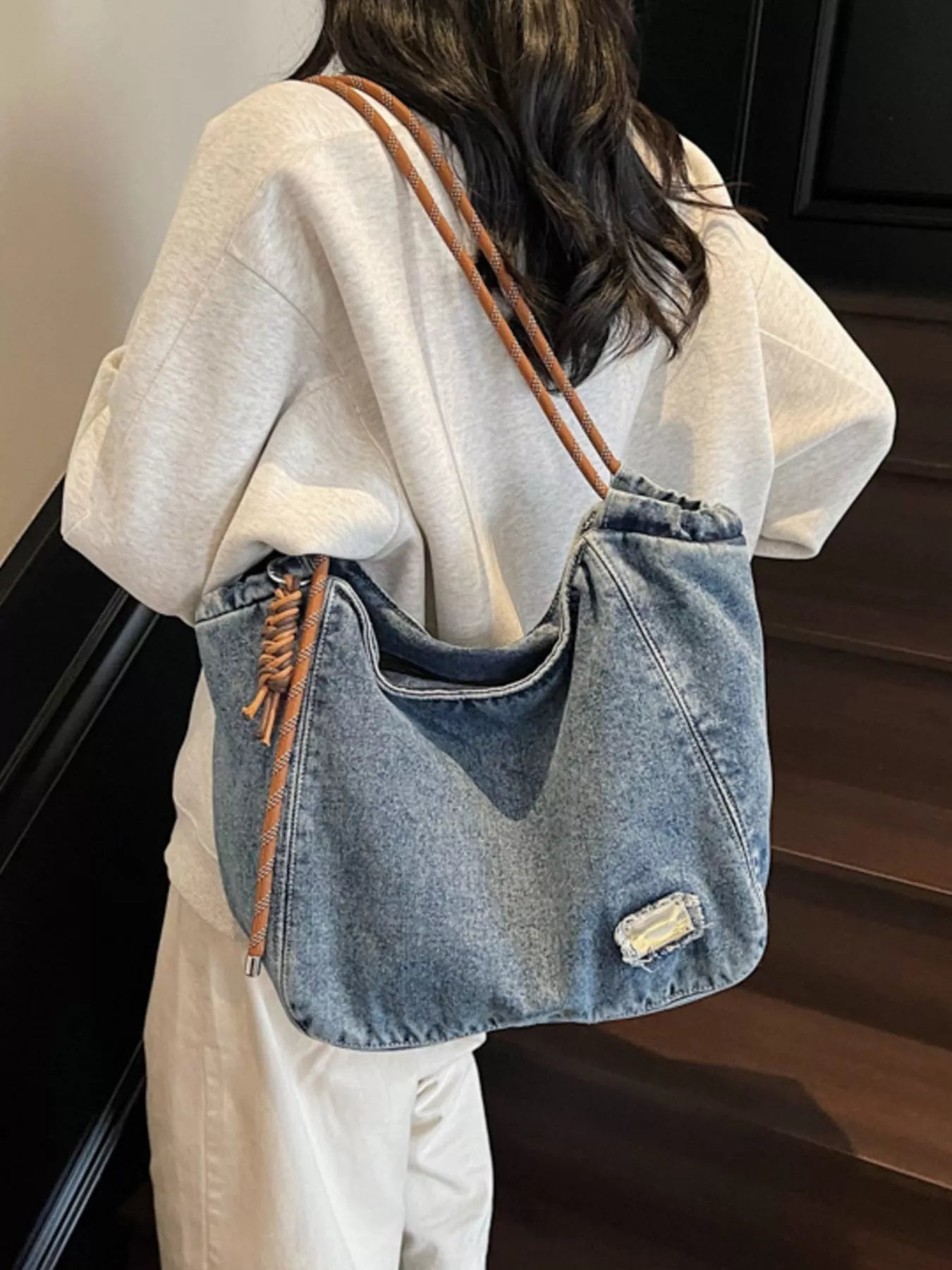 Denim Hobo Tote Bag with Rope Strap