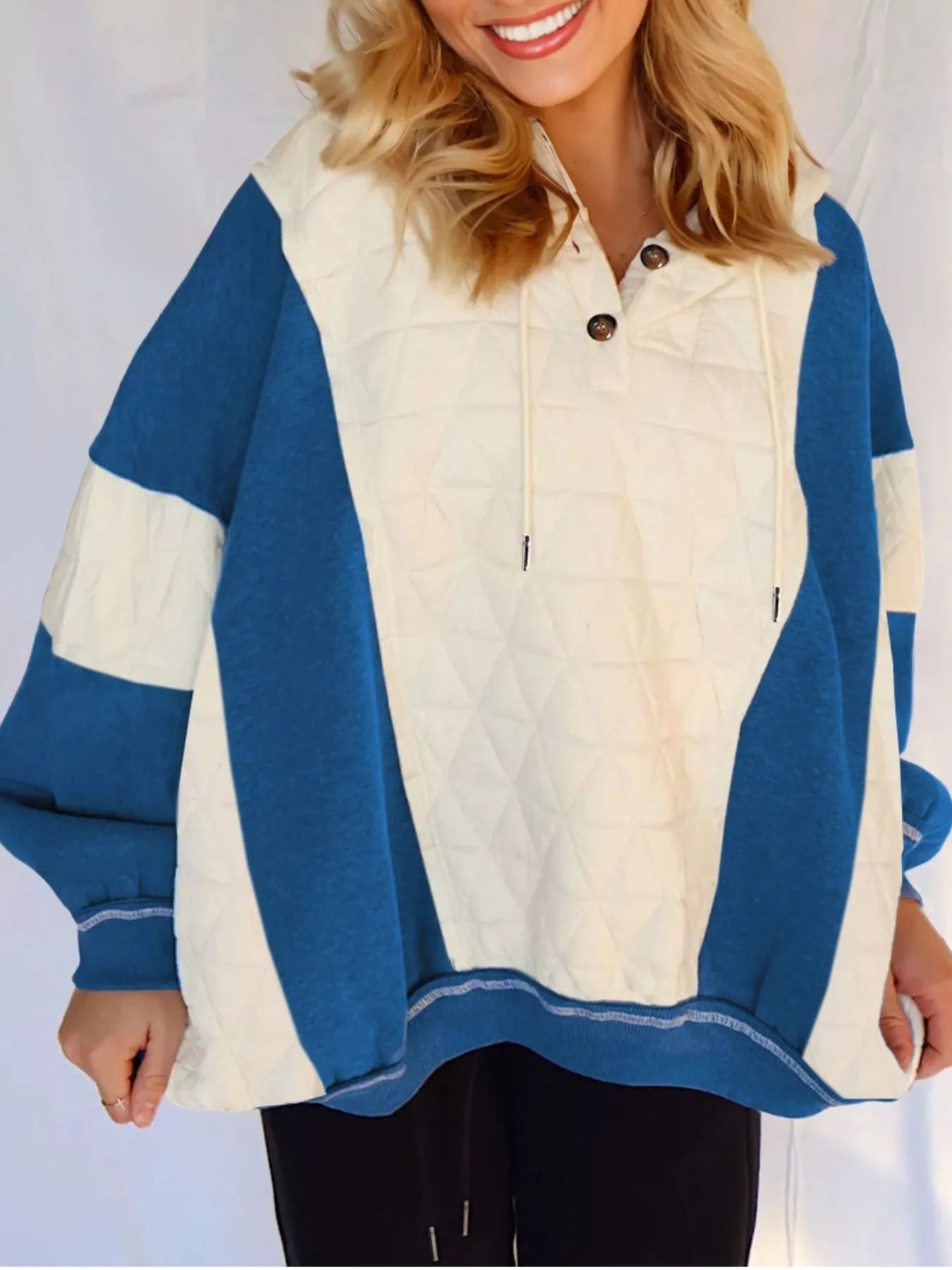 Quilted Fleece Color Block Patchwork Oversize Hoodie