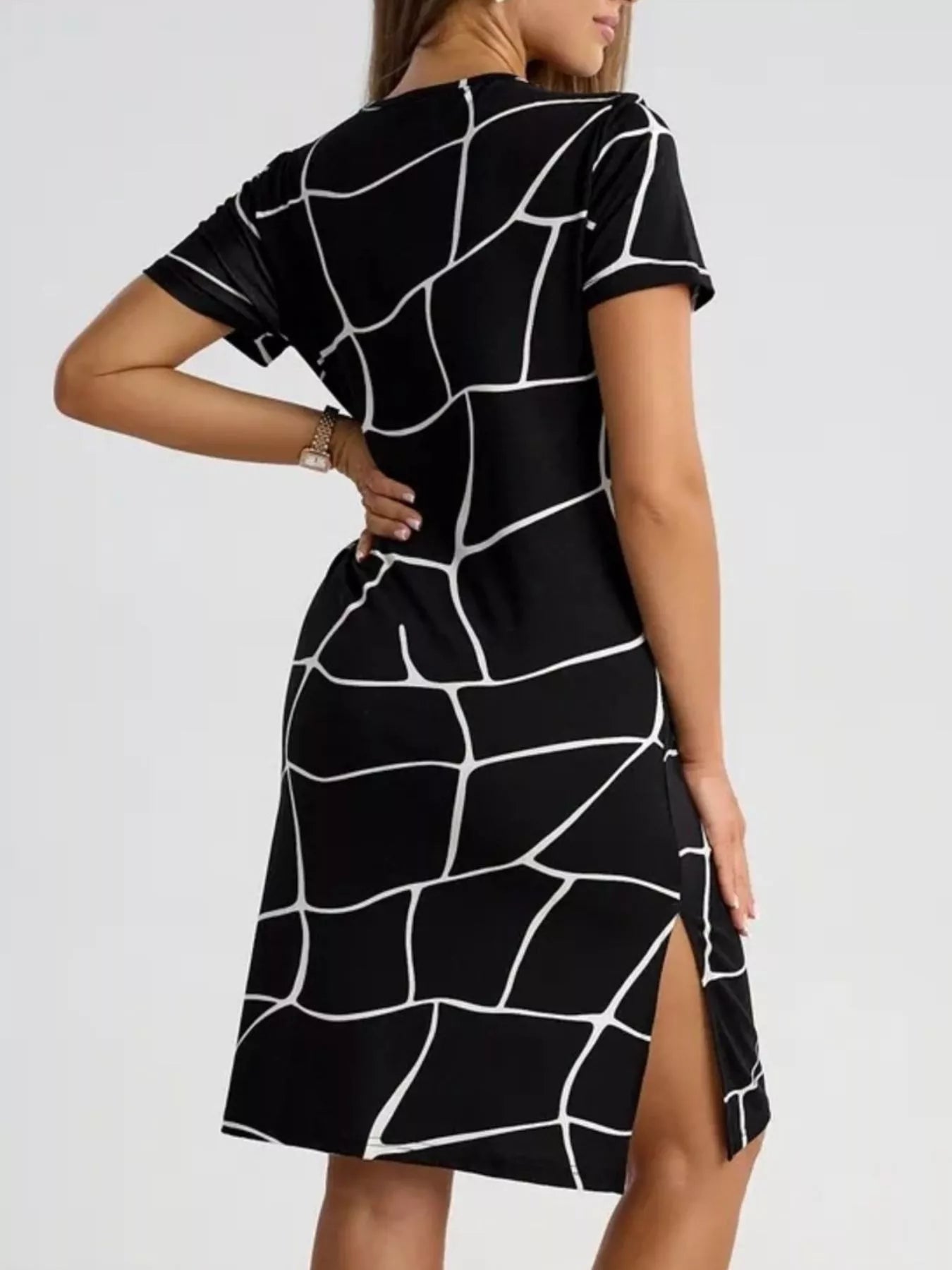 Full Size Geometric Print Midi Dress with Side Slit Plus Size