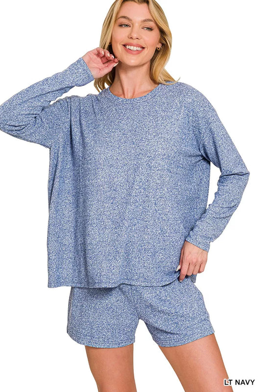 Zenana Soft Melange Long Sleeve Tee and Shorts Set