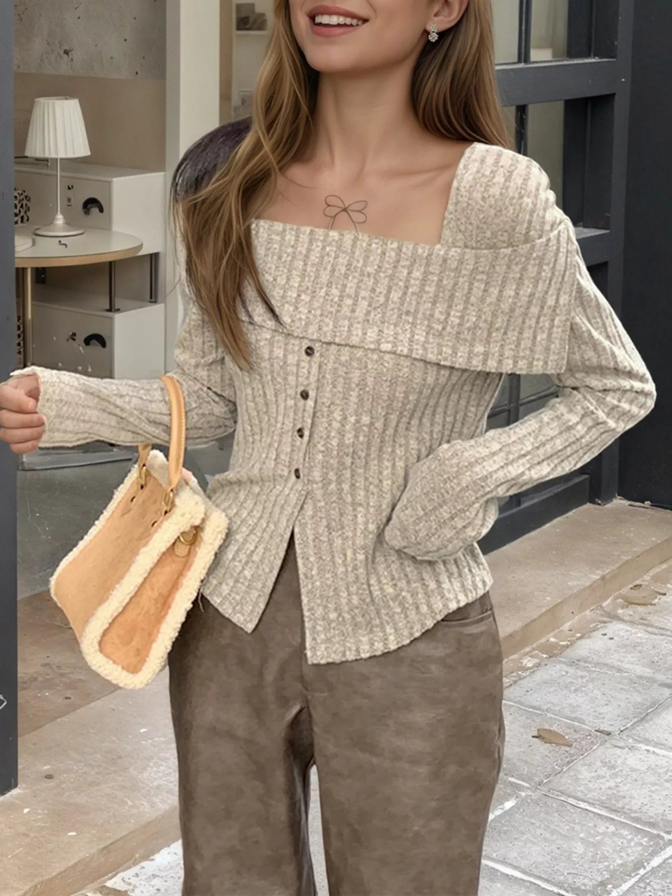 Ribbed Square Neck Long Sleeve Top