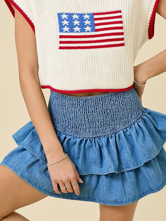 Layered Ruffle Smocked Waist Denim Skirt
