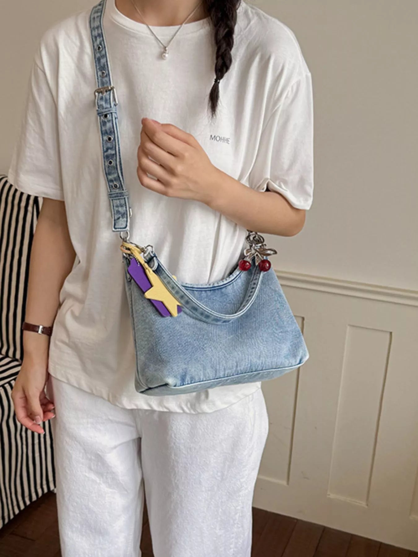 Star Charm Denim Shoulder Bag