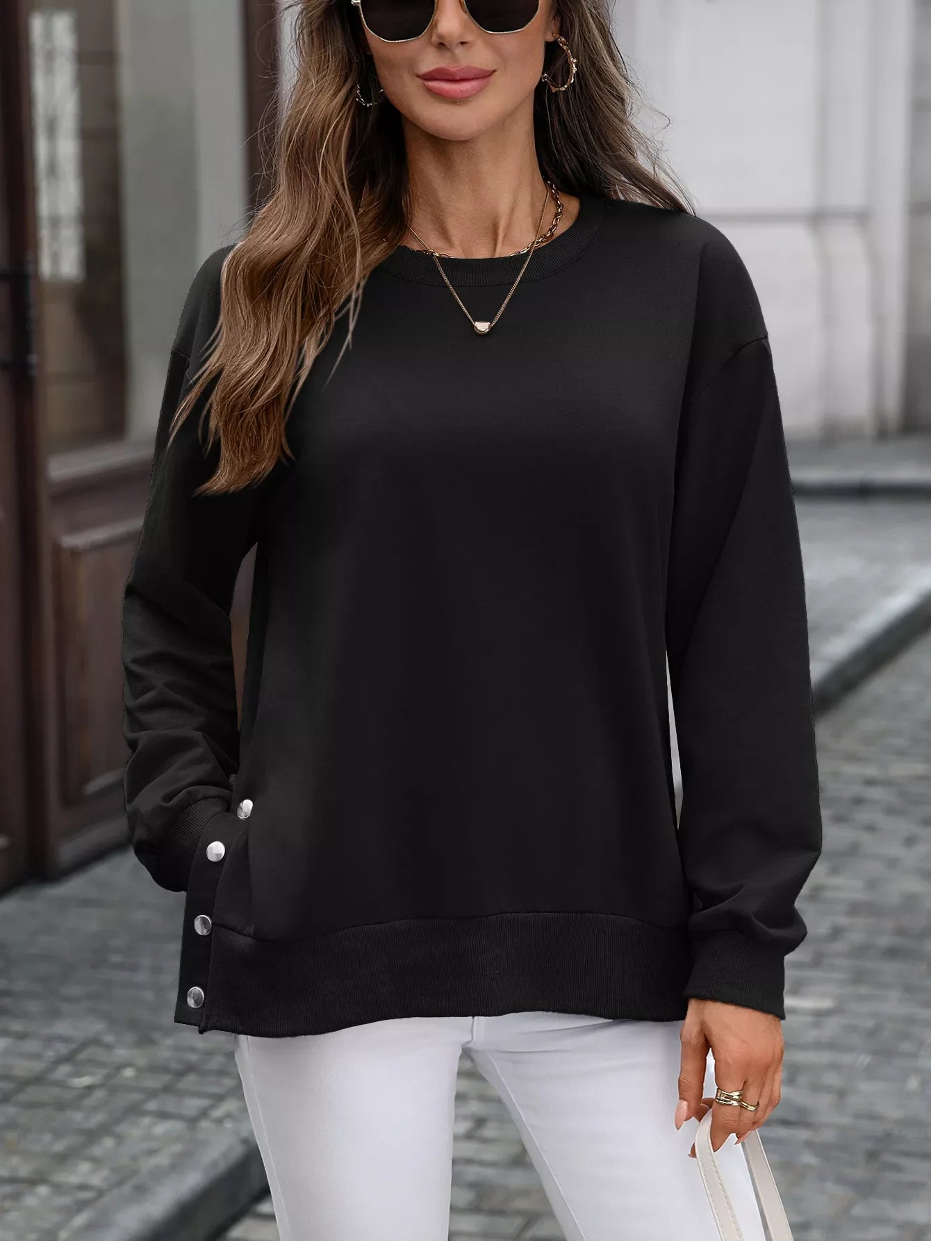 Side Snap Round Neck Sweatshirt