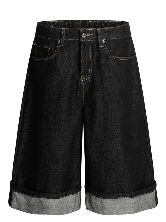 Men's Baggy Denim Shorts with Cuffed Hem