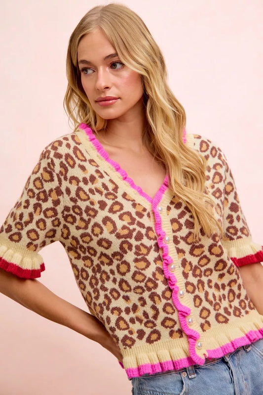 BiBi Leopard Patterned Ruffled Detail Button Cardigan