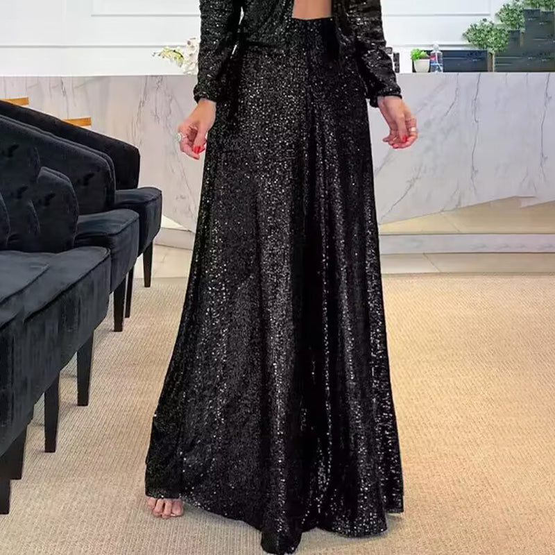 Women's Sequin Palazzo Pants Glitter Casual Loose Wide Leg Long Trouser (See size chart where applicable)