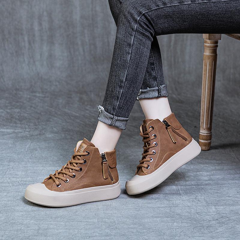 Women's High-Top Genuine Leather Vintage Flat Sneakers