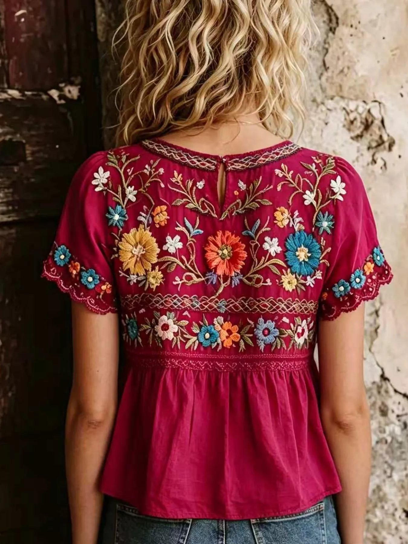 Plus Size Embroidered Floral Short Sleeve Top