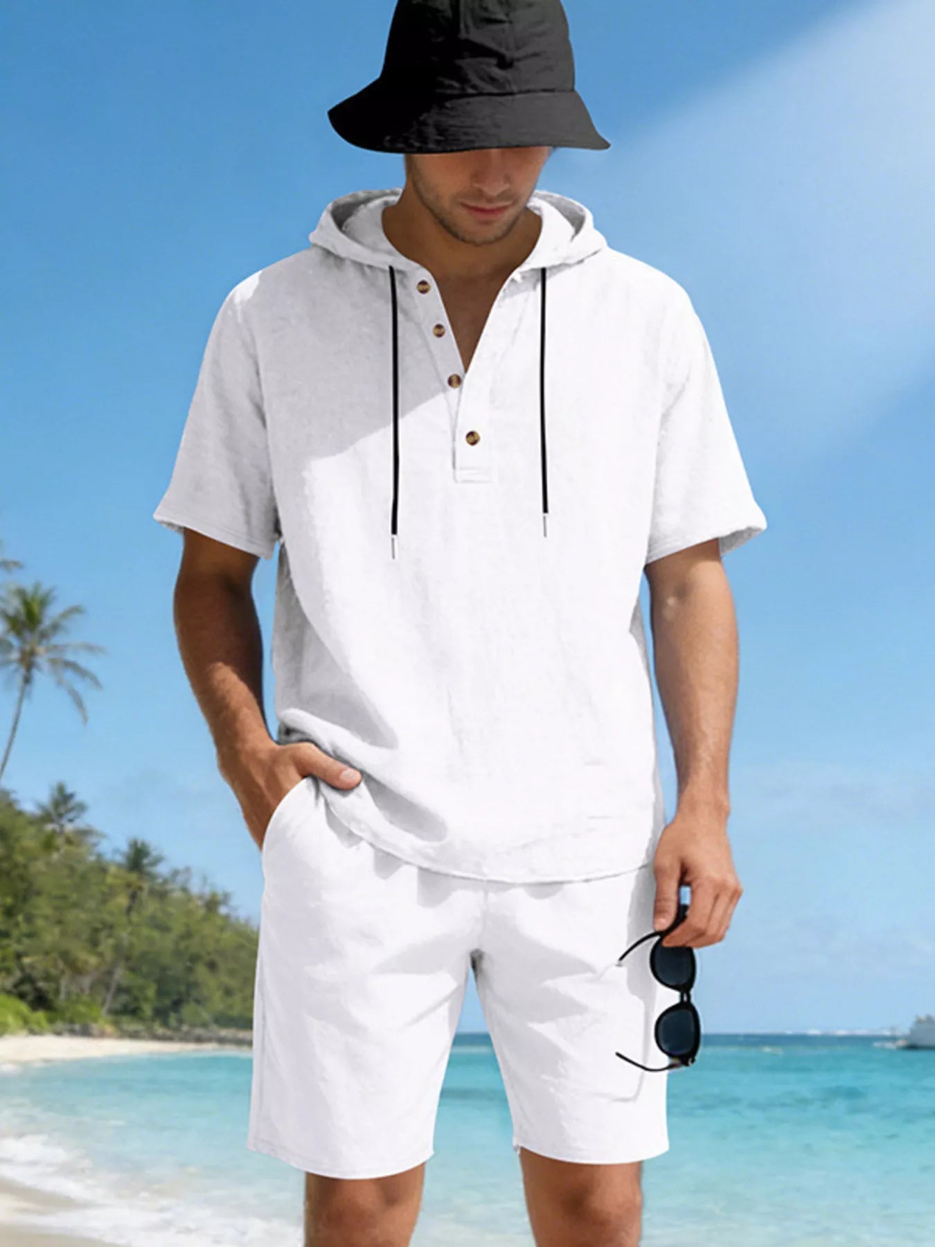 Men's Full Size Casual Short Sleeve Hooded Top & Shorts Set Plus Size