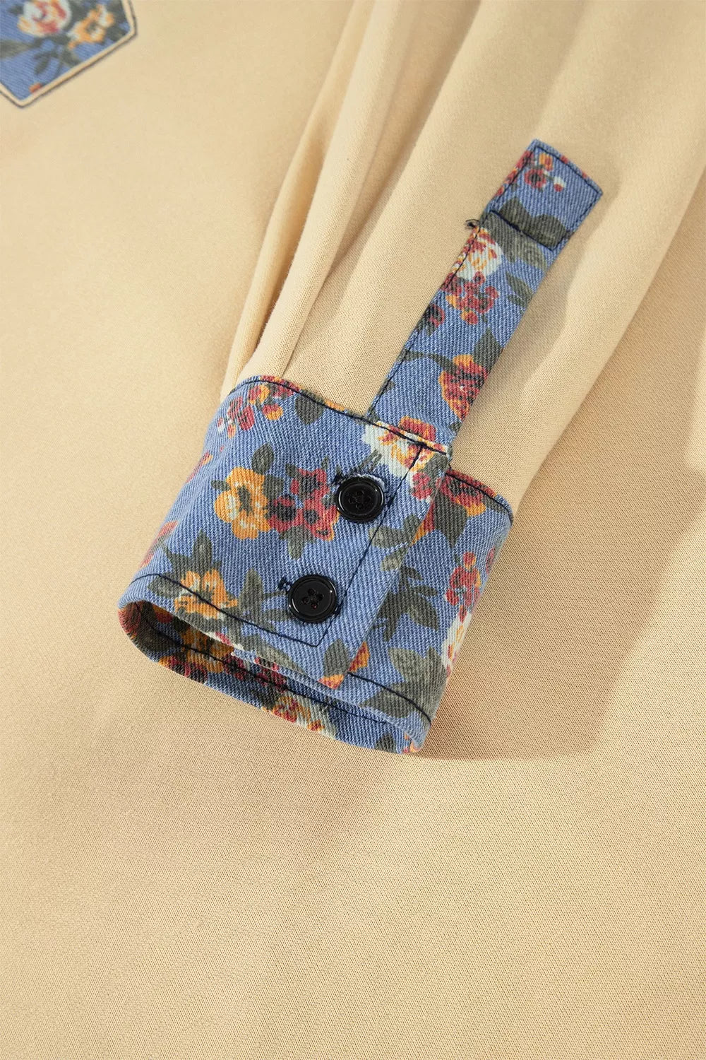 Floral Denim Patchwork Collar V Neck Long Sleeve Pullover Top