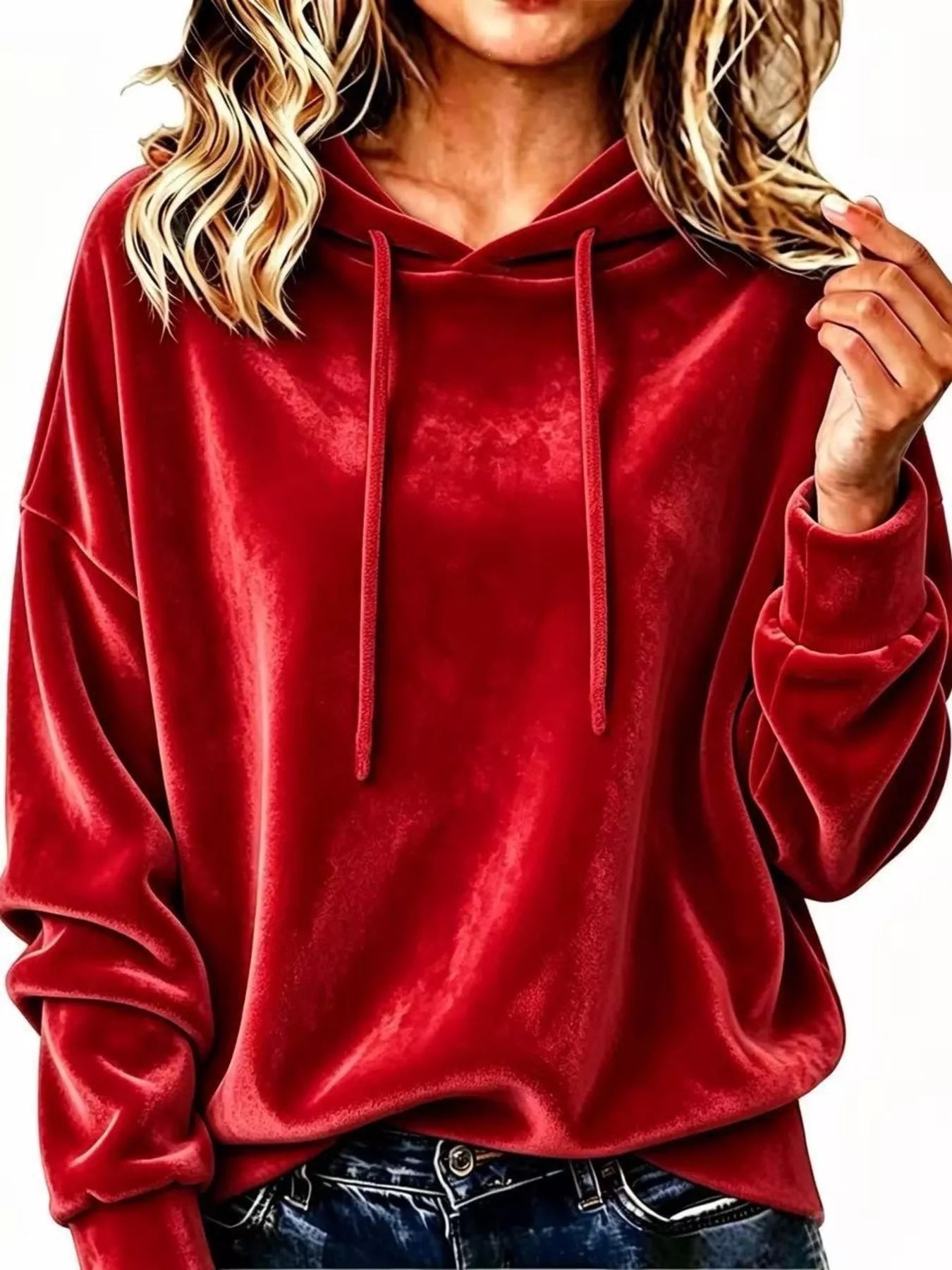 Full Size Drawstring Velvet Long Sleeve Hoodie Plus Size
