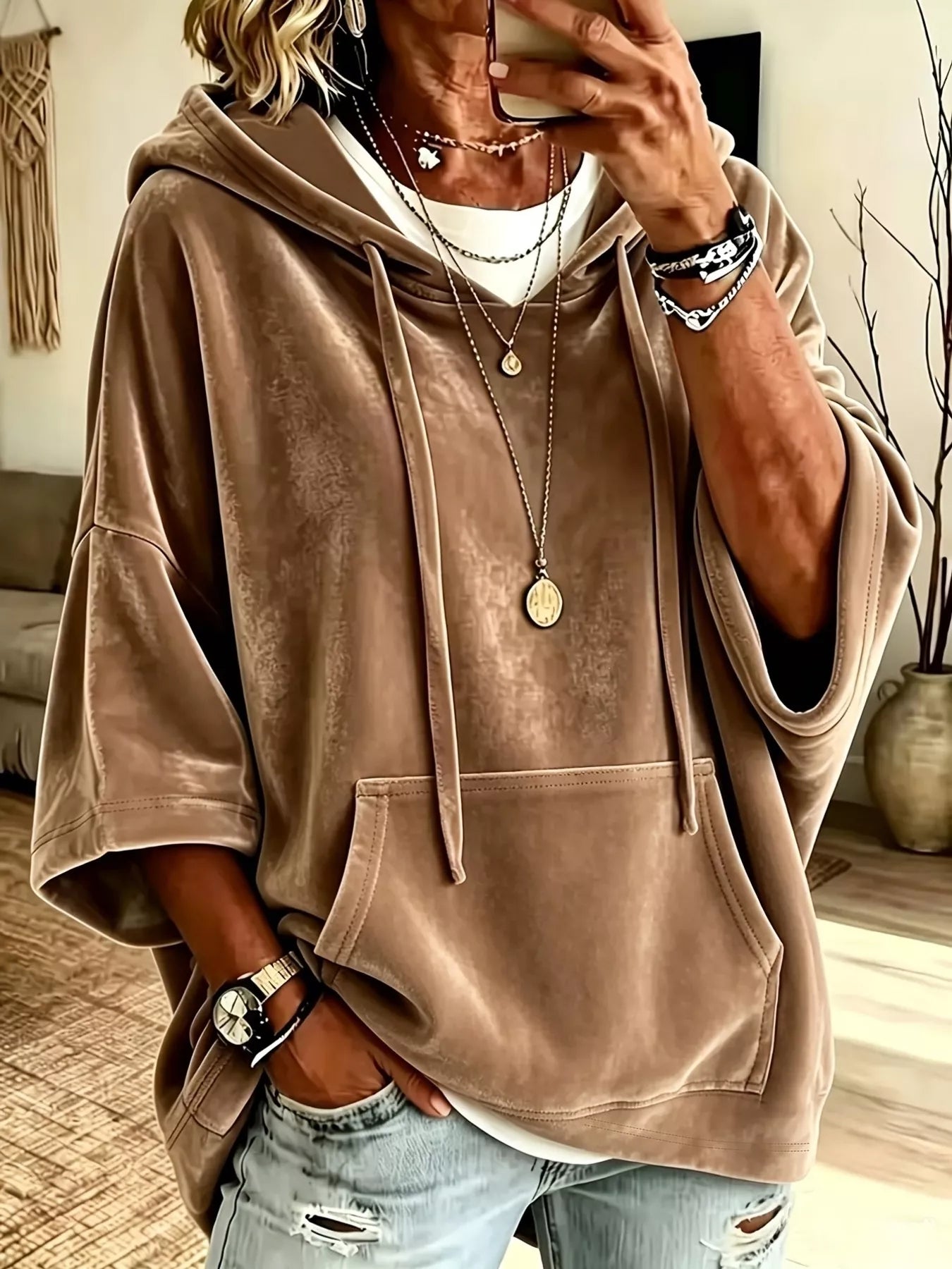 Full Size Velvet 3/4 Sleeve Hoodie with Kangaroo Pocket Plus Size