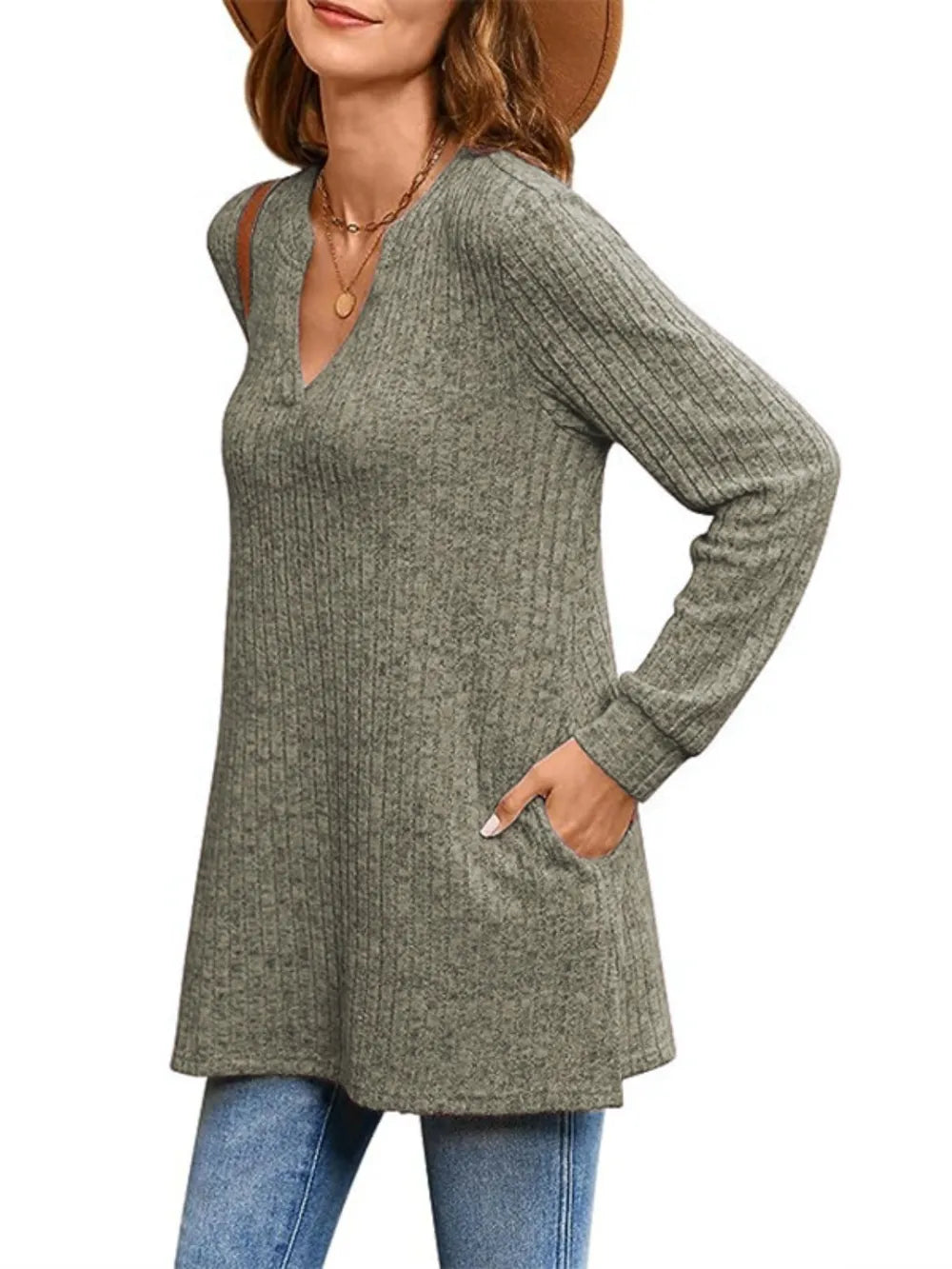 Ribbed Notched Long Sleeve T-Shirt