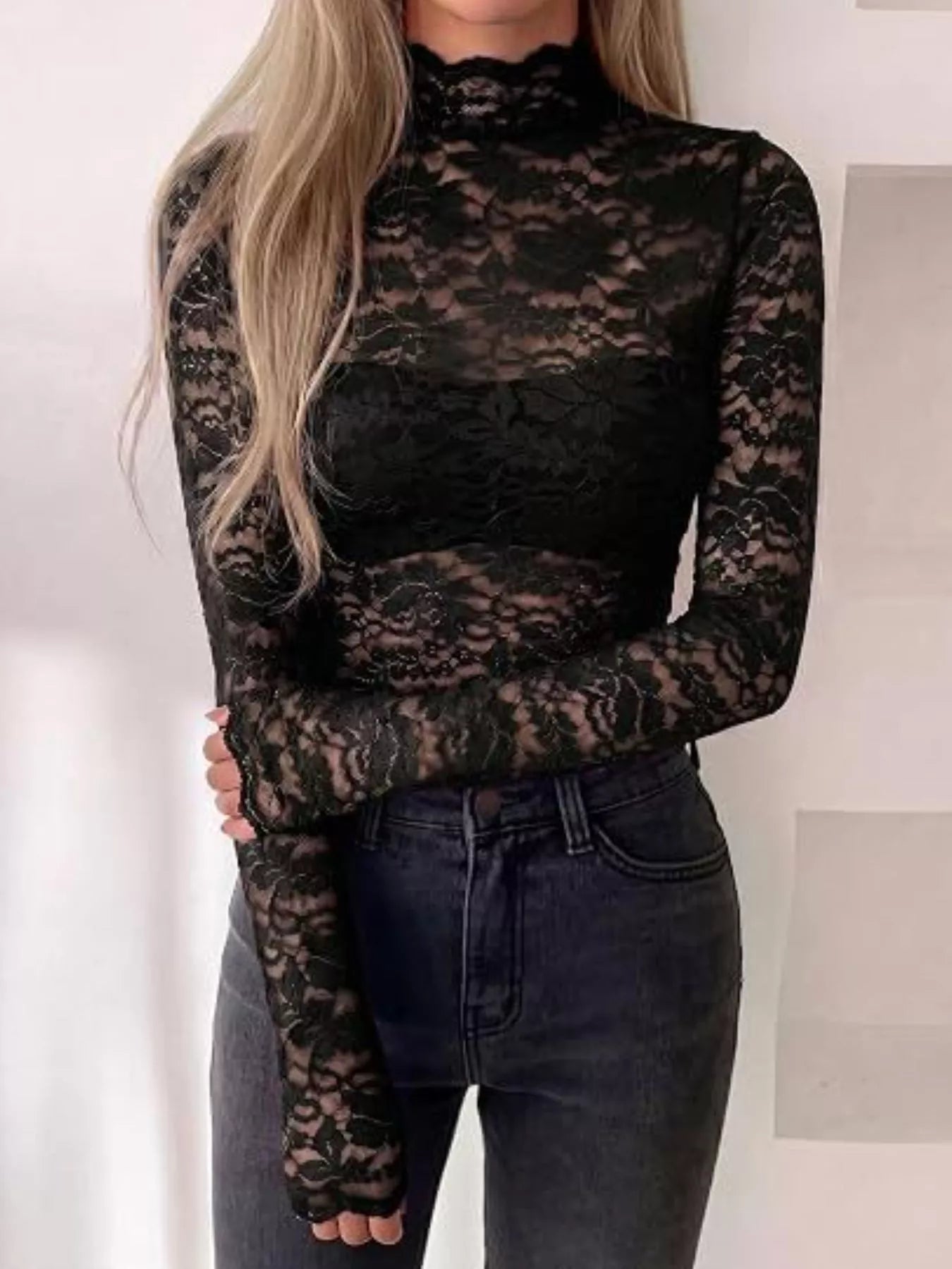 Lace Mock Neck Long Sleeve Top