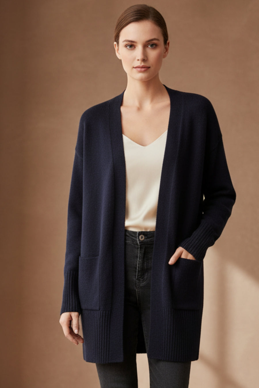 Longline Open-Front Cardigan | Oversized Knit with Patch Pockets