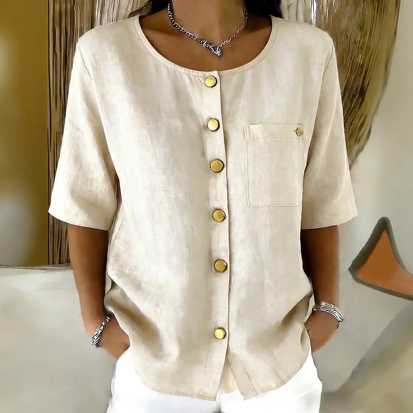 Crew-Neck 3/4 Sleeve Shirt with Metal Buttons – 7 Colors, S–3XL