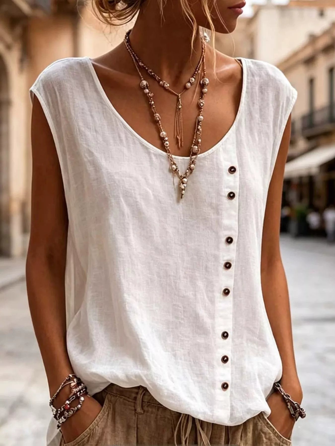 Full Size Round Neck Decor Button Tank Plus Size