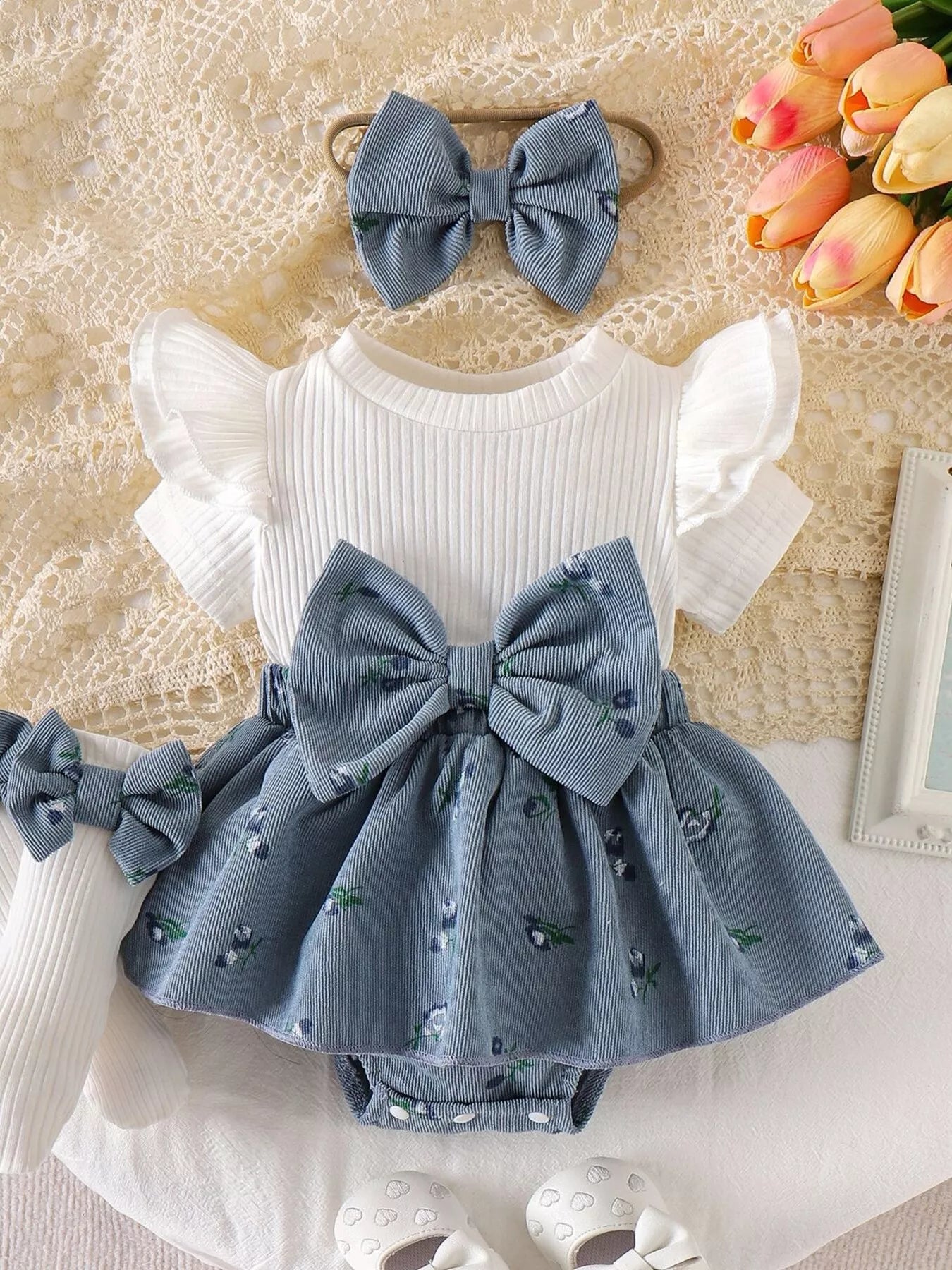Children's Bow Ribbed Knit Dress & Headband & Socks Set