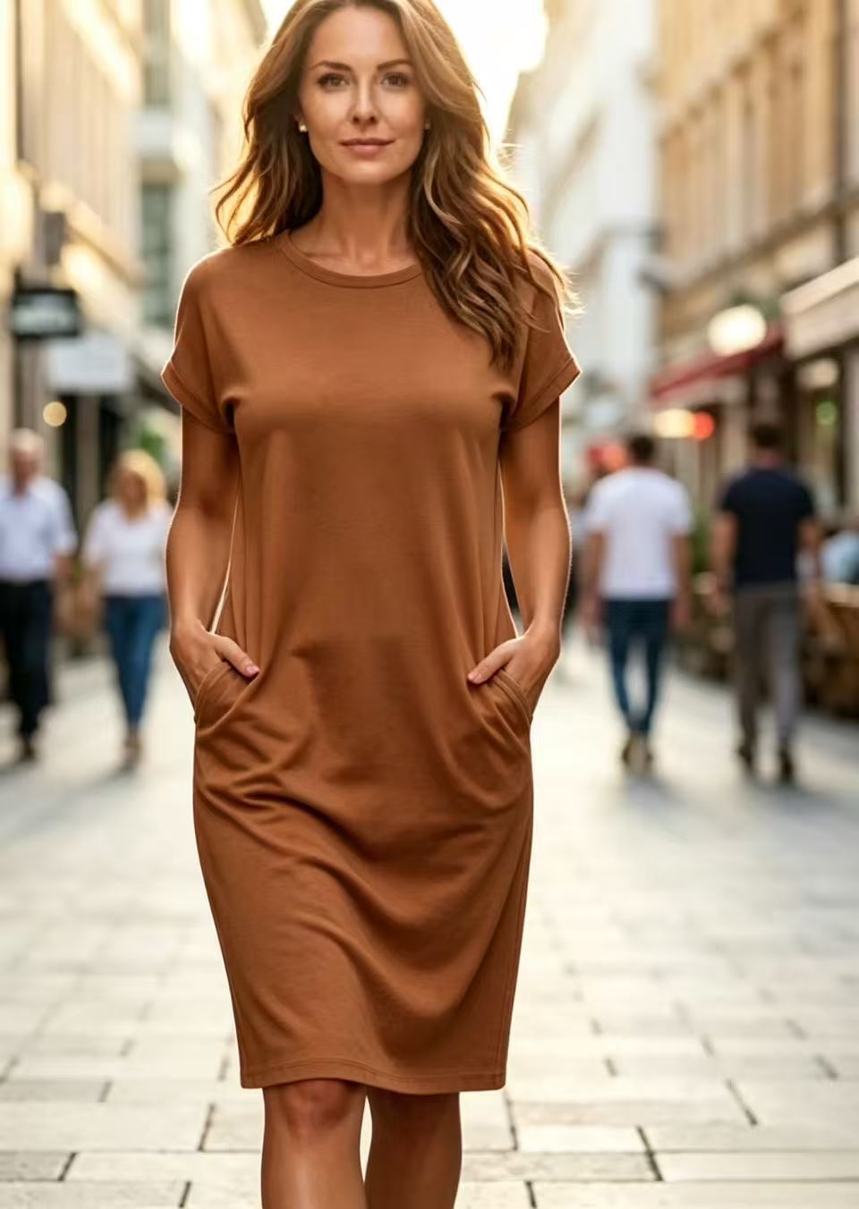Solid-Colour Crew Neck Midi Dress with Pockets