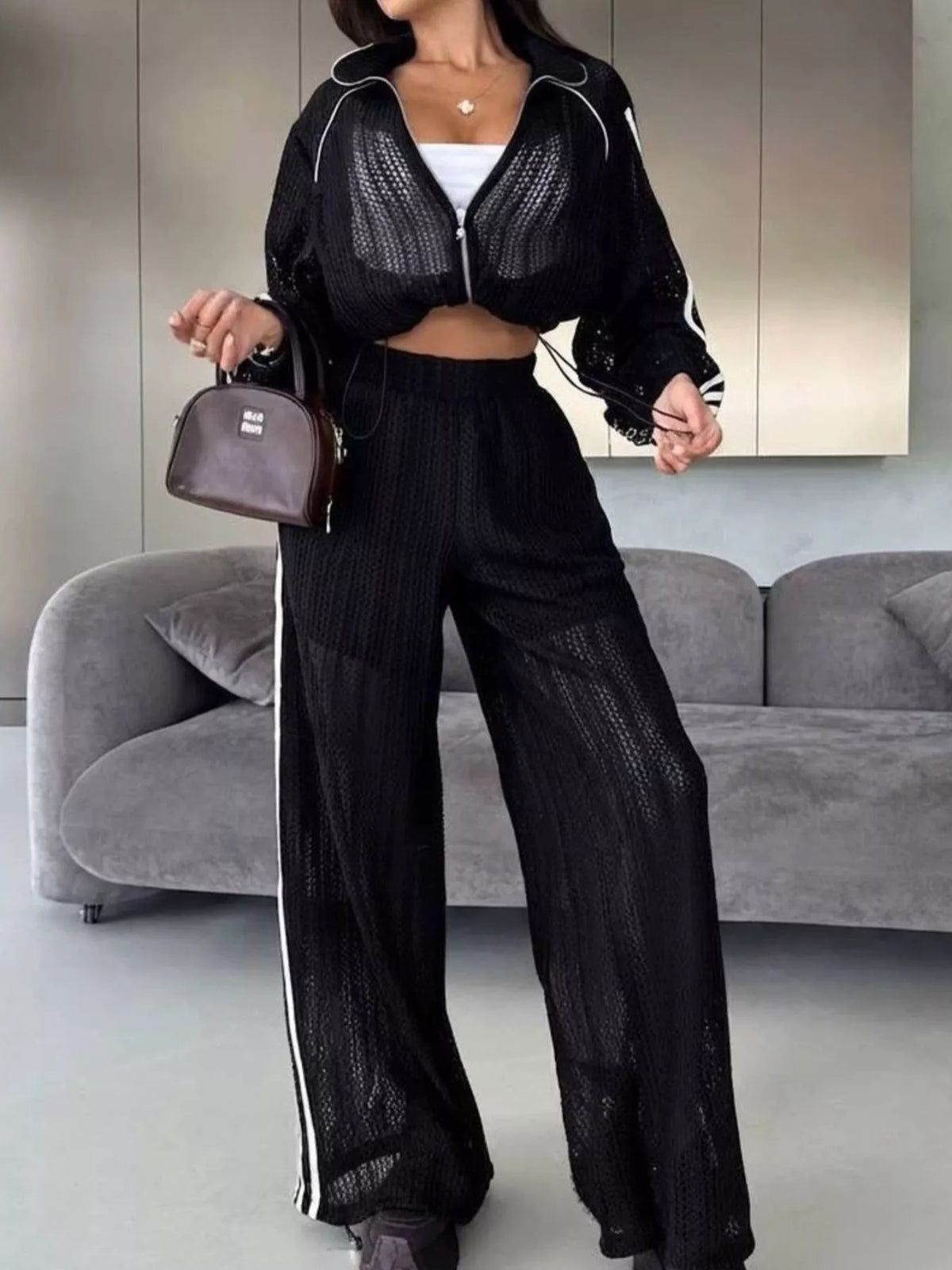 Side Stripes Zip Up Top and Pants Set