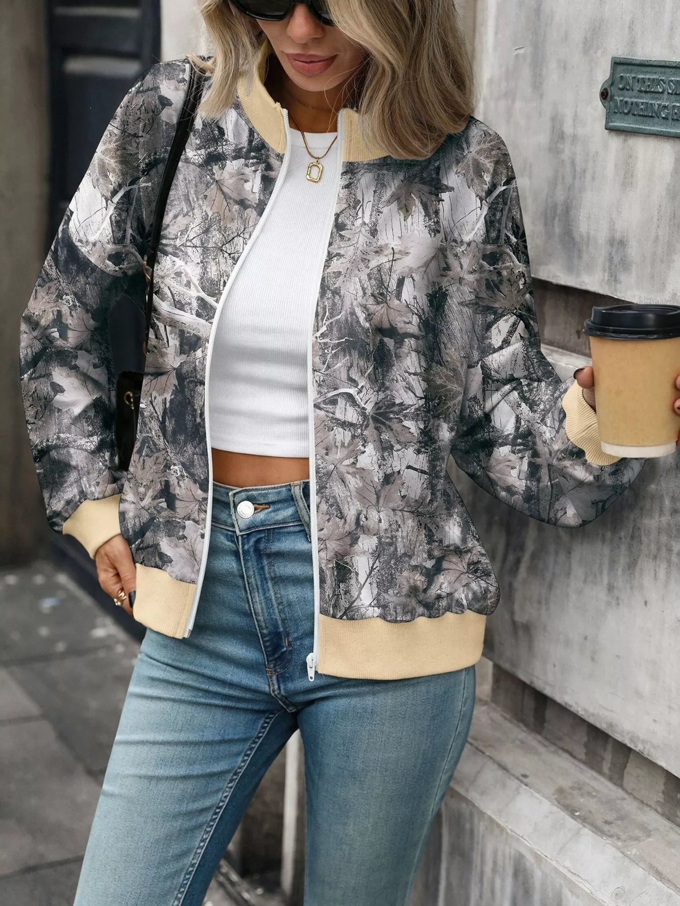 Printed Zip Up Long Sleeve Sweatshirt