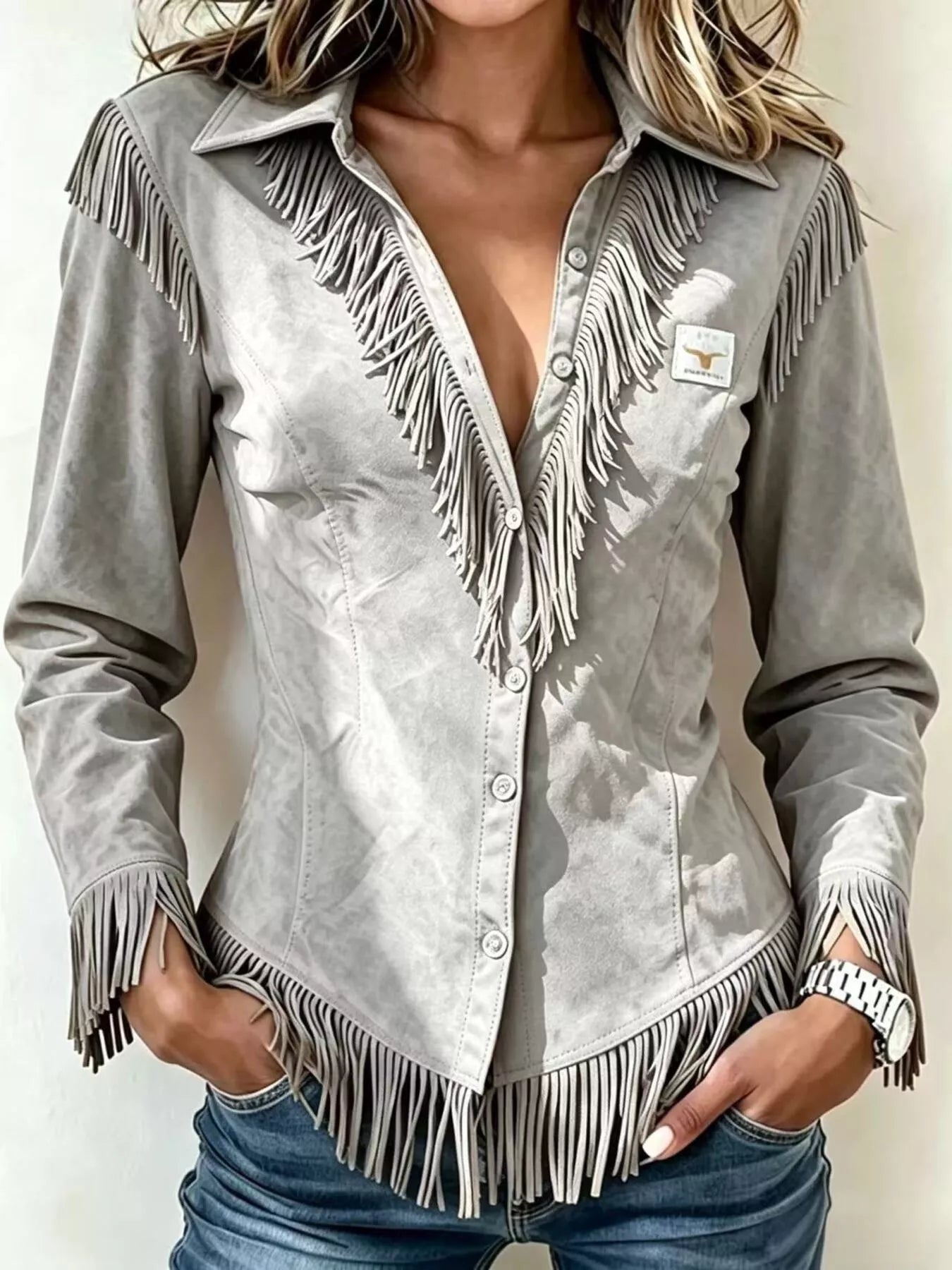 Full Size Fringed Collared Neck Shirt Plus Size
