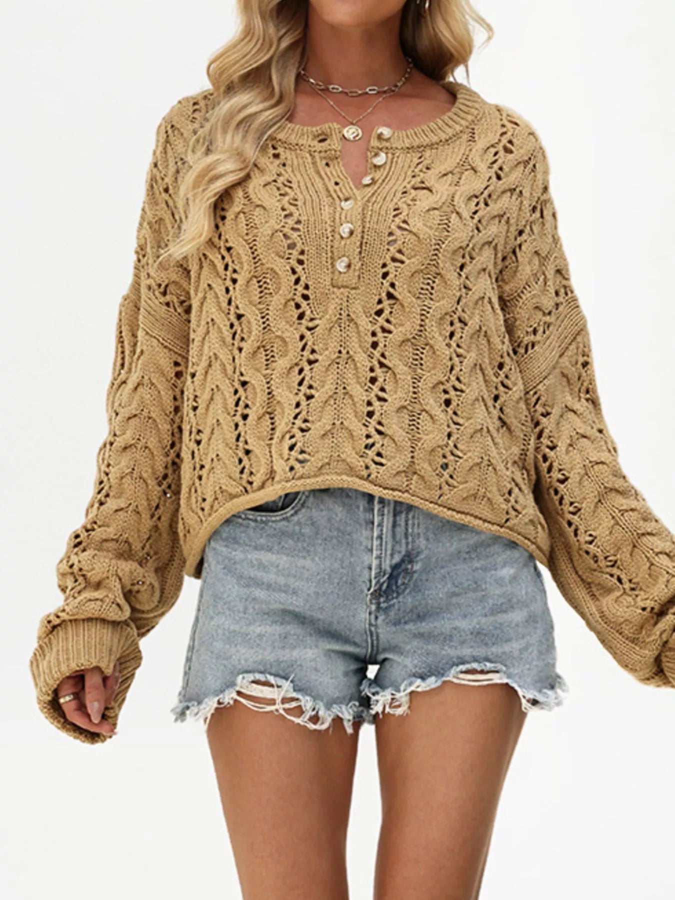 Chic Cable Knit Half-Button Openwork Sweater