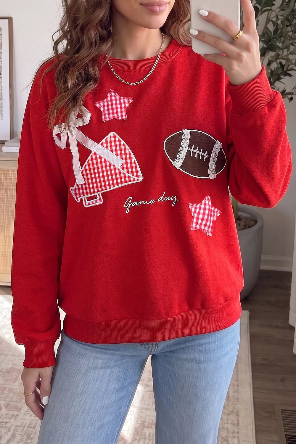 Gingham Patch Embroidered Rugby Game Day Stars Sweatshirt