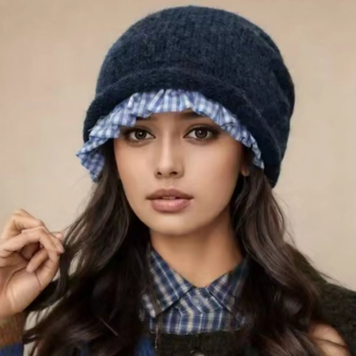 Plaid Trim Knit Hat
