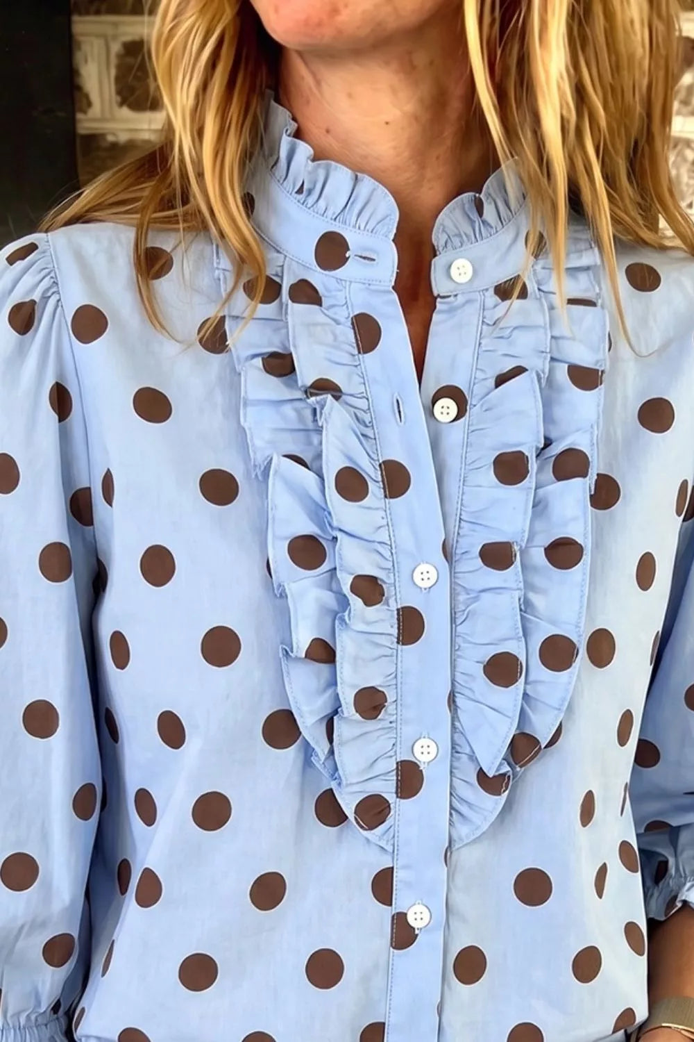 Polka Dot Ruffled Stand-Collar Shirt
