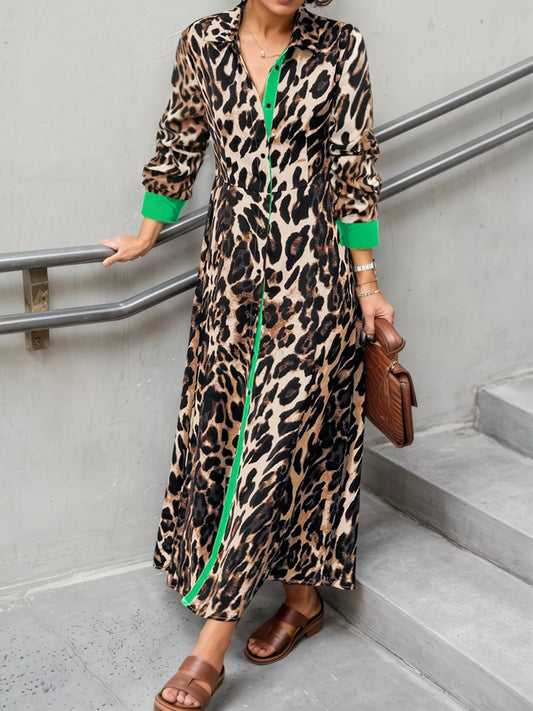 Leopard Print Long Sleeve Shirt Dress with Contrast Trim