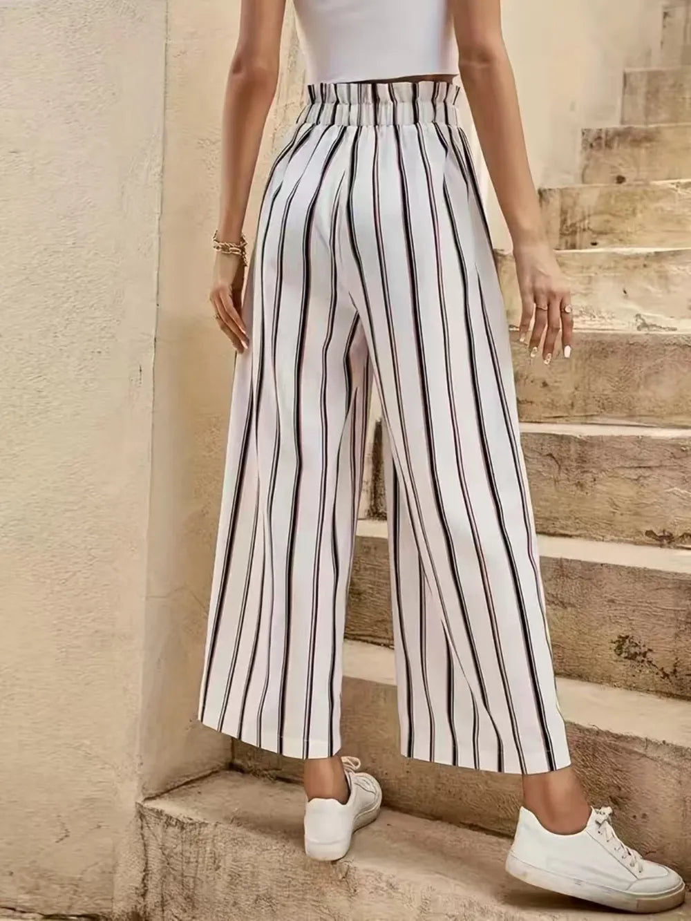 Tied Striped Wide Leg Pants