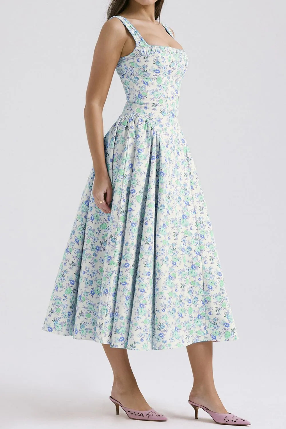 Floral Square Neck Wide Strap Midi Dress