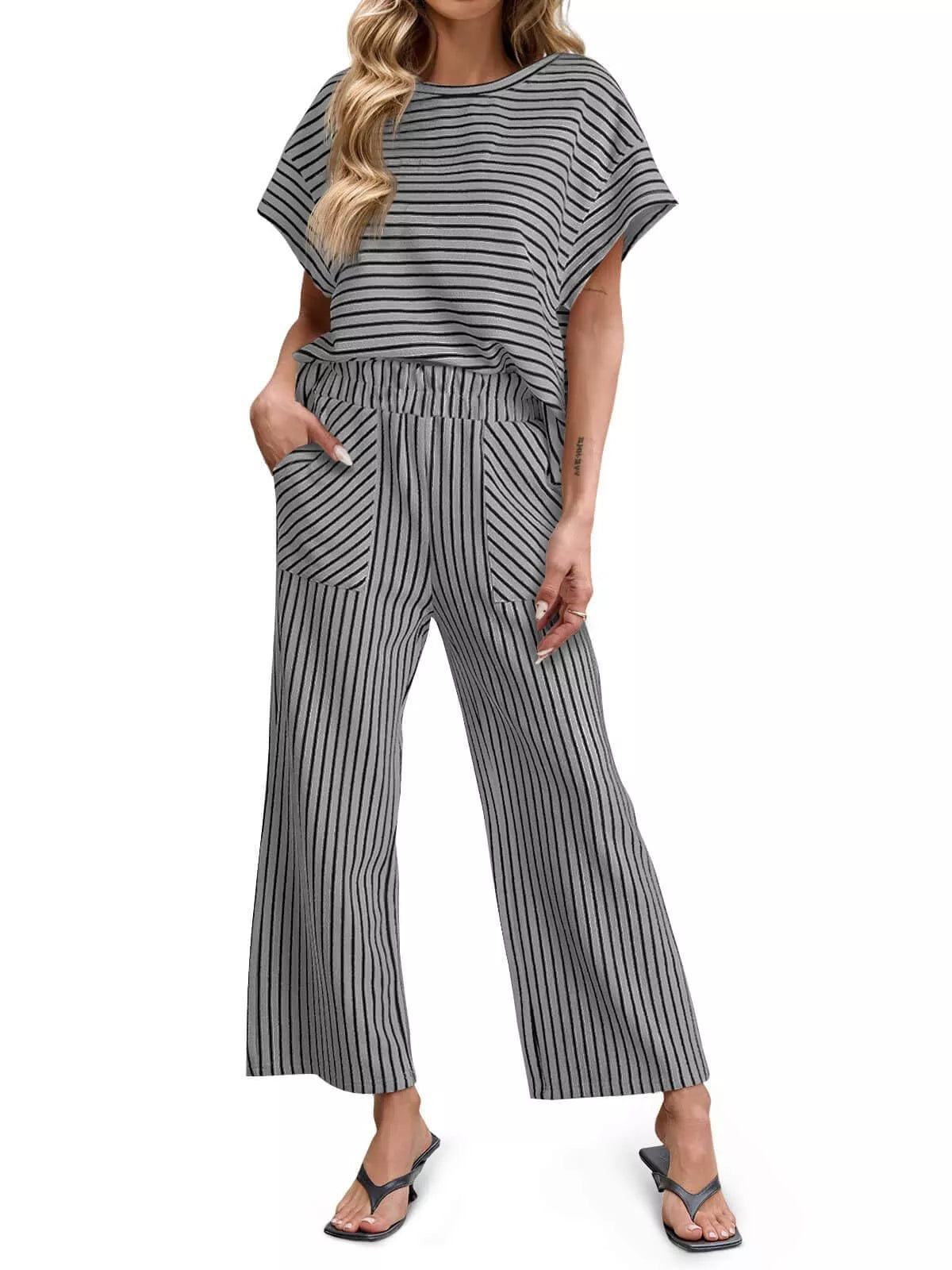 Casual Striped Short Sleeve Top and Wide Leg Pants Two-Piece Set