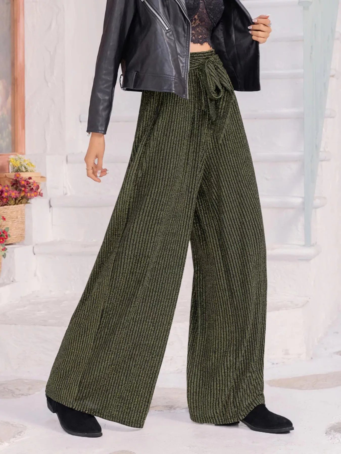 Striped High Waist Tie Wide Leg Pants