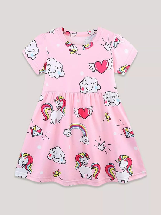 Children's Cartoon Unicorn Print Short Sleeve Dress
