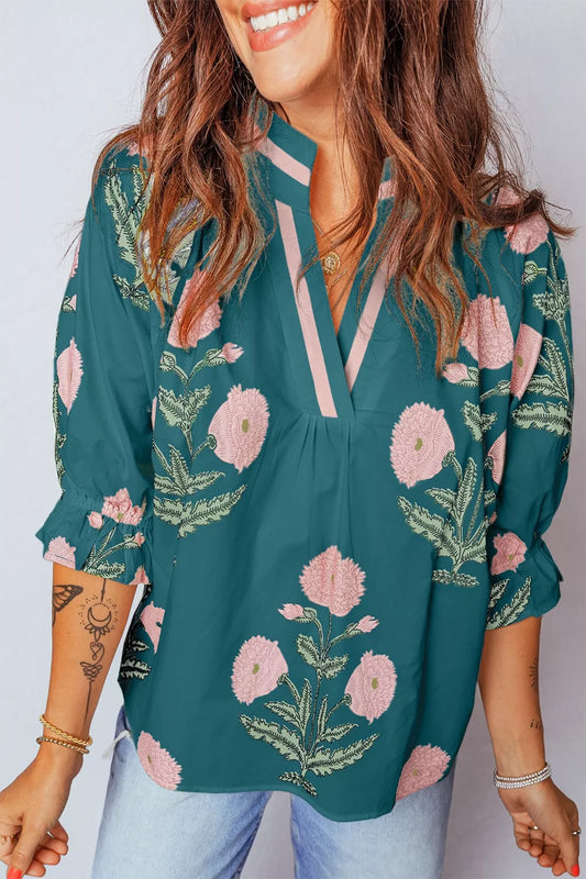 Floral Embroidered Notched Blouse