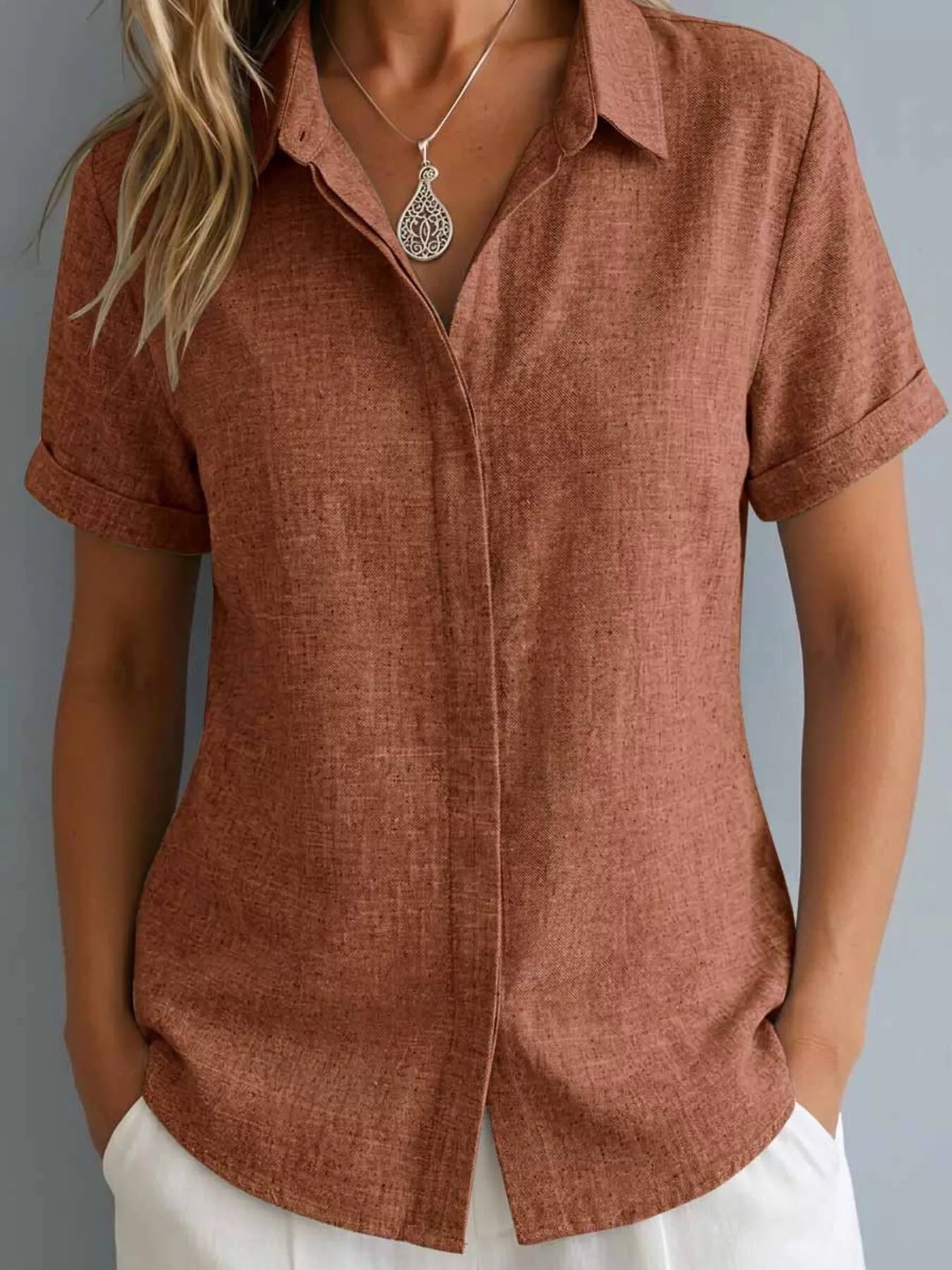 Full Size Collared Neck Short Sleeve Shirt Plus Size