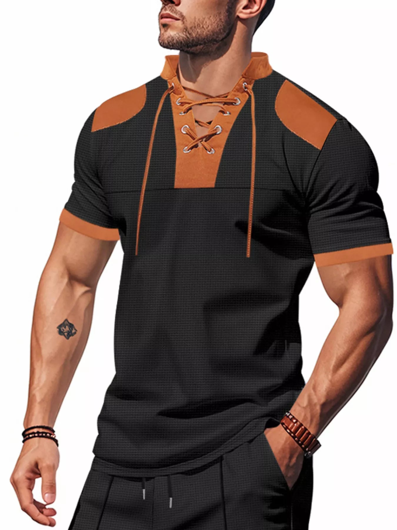 Men's Full Size Lace-Up Neckline Short Sleeve T-Shirt Plus Size