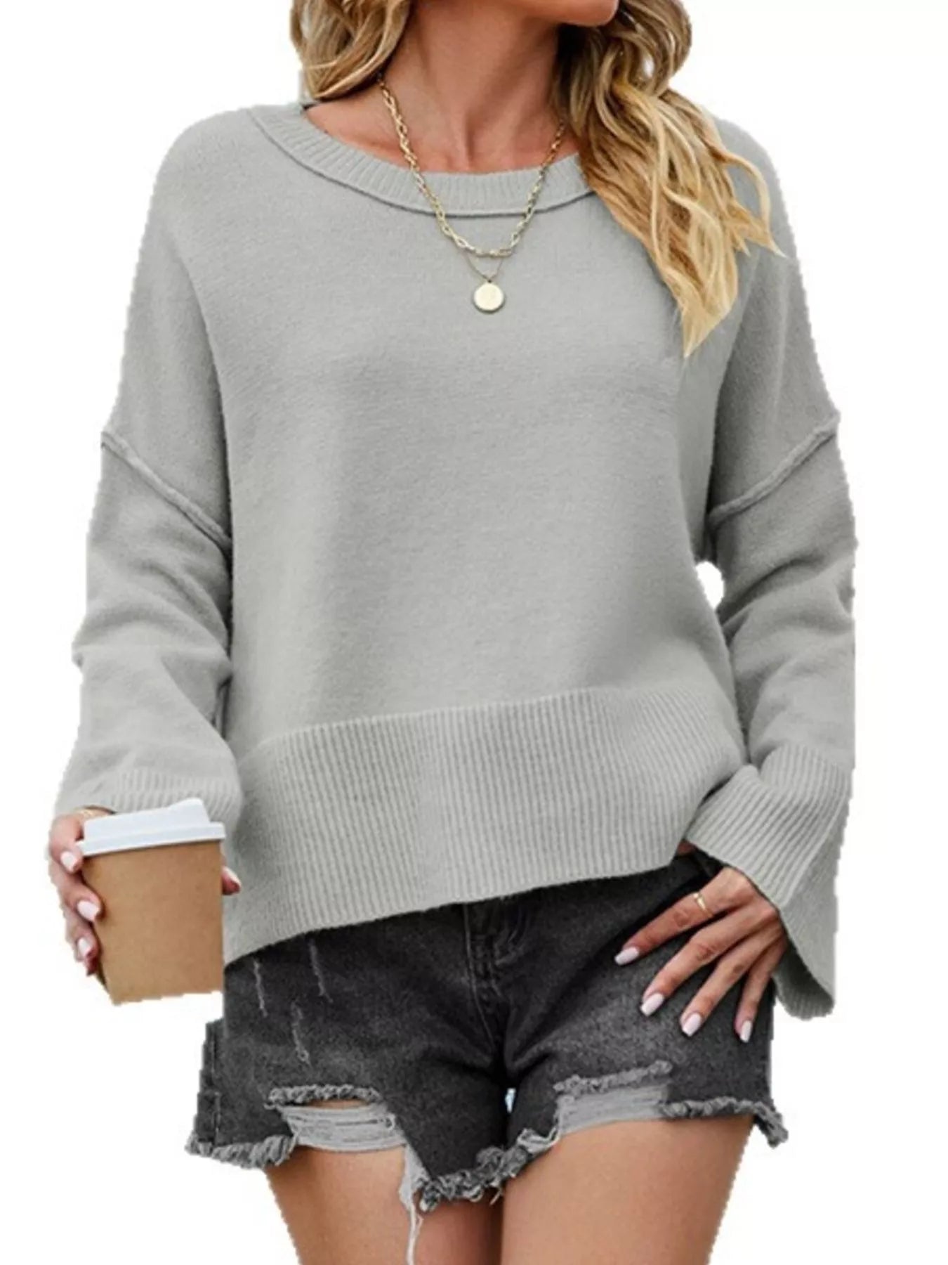 Dropped Shoulder Flare Sleeve Sweater