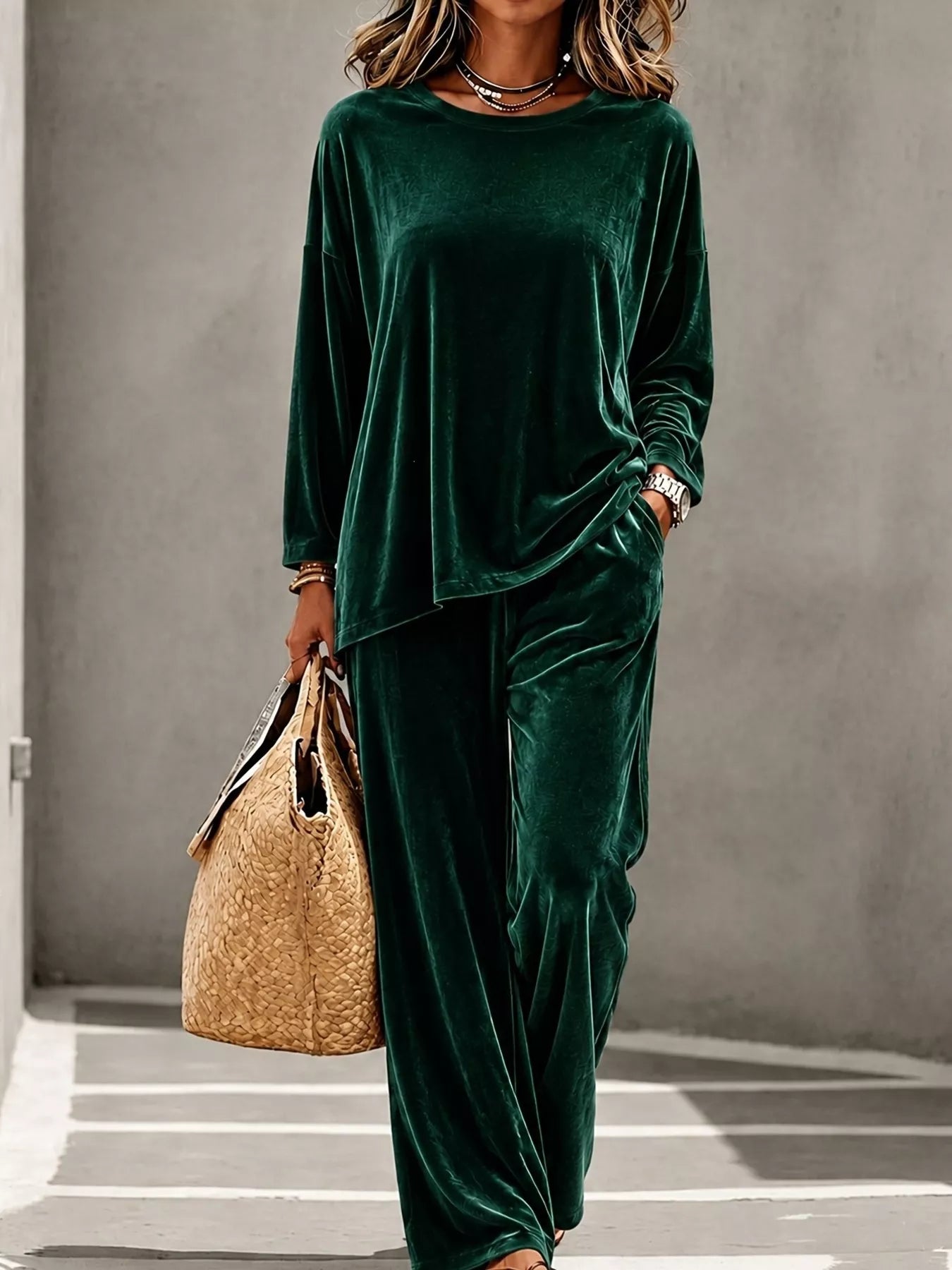 Full Size Velvet Long Sleeve Top and Pants Set Plus Size
