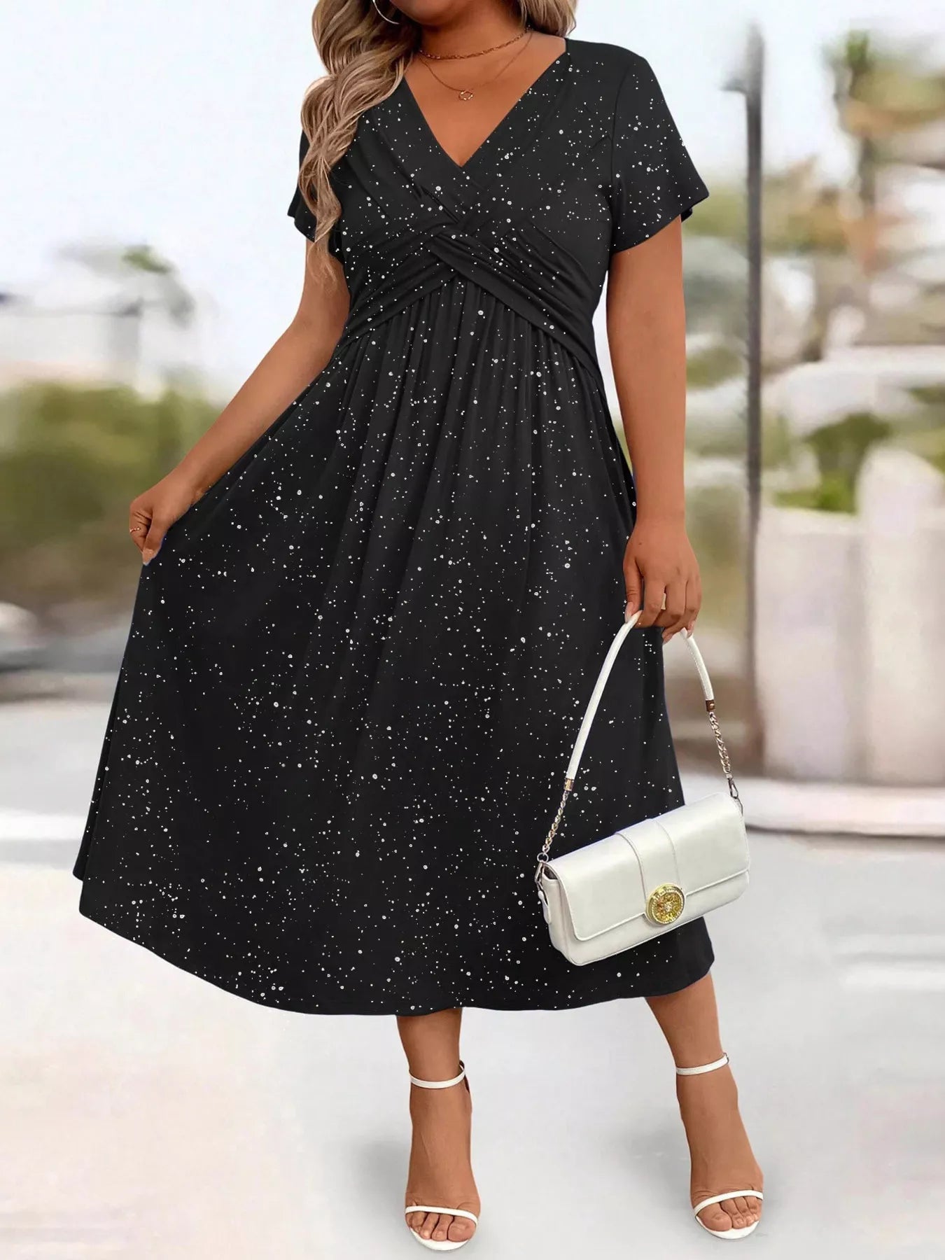 Full Size Glitter Flutter Sleeve Midi Dress Plus Size